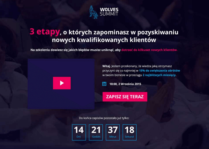 Landing page firmy Wolves Summit, który zbiera zapisy na webinar