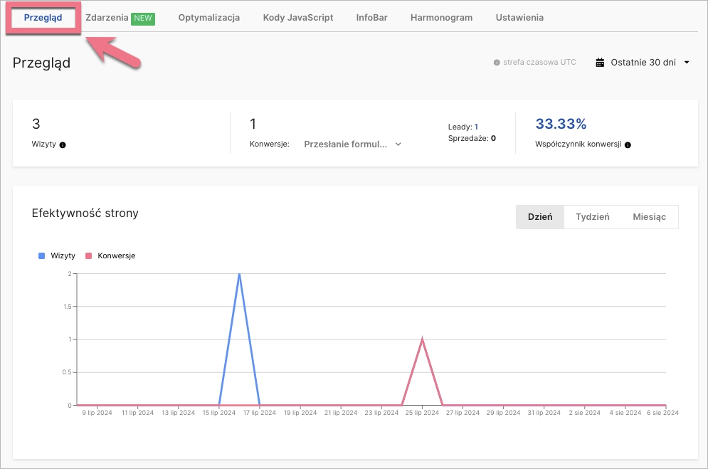 Widok zakładki Przegląd w statystykach landing page'a