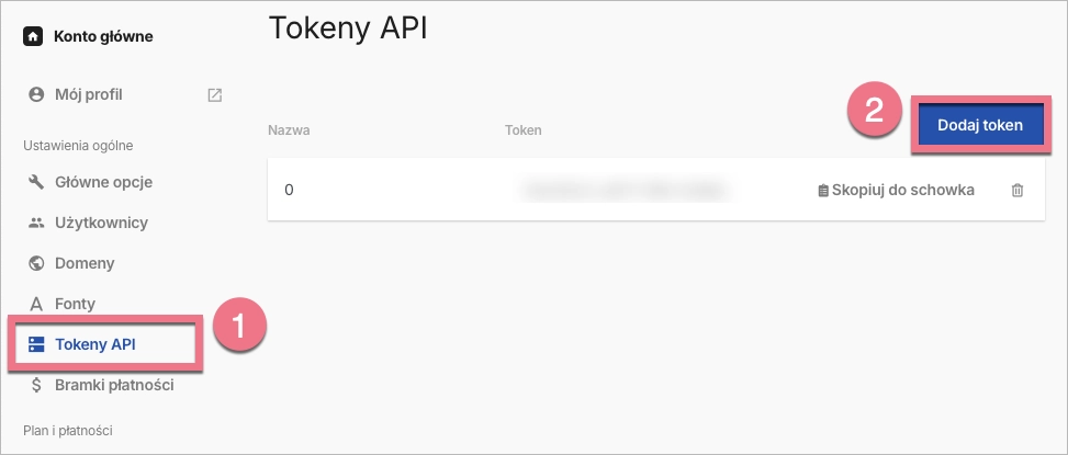 Zakładka Tokeny API w Landingi
