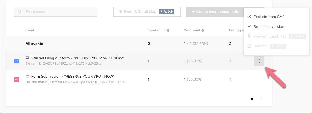 More options for events in Landingi