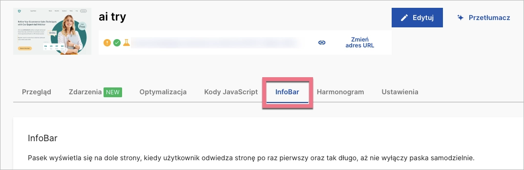 Zakładka InfoBar w dashboardzie landing page'a