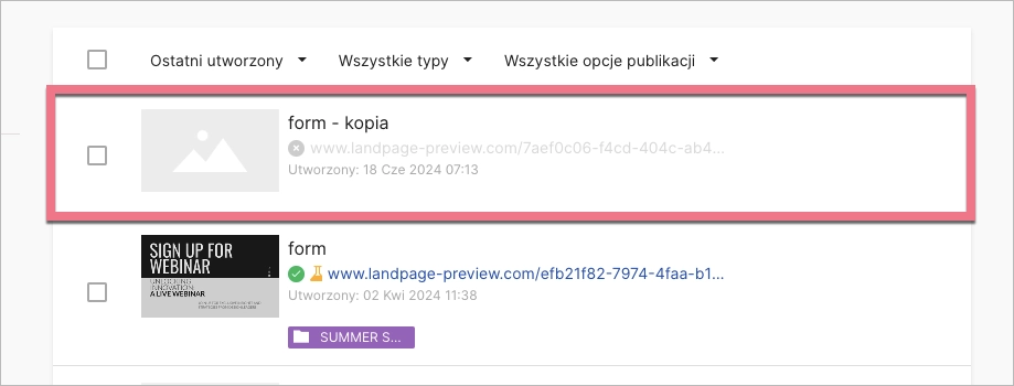 Kopia landing page'a na liście wszystkich landing page'y