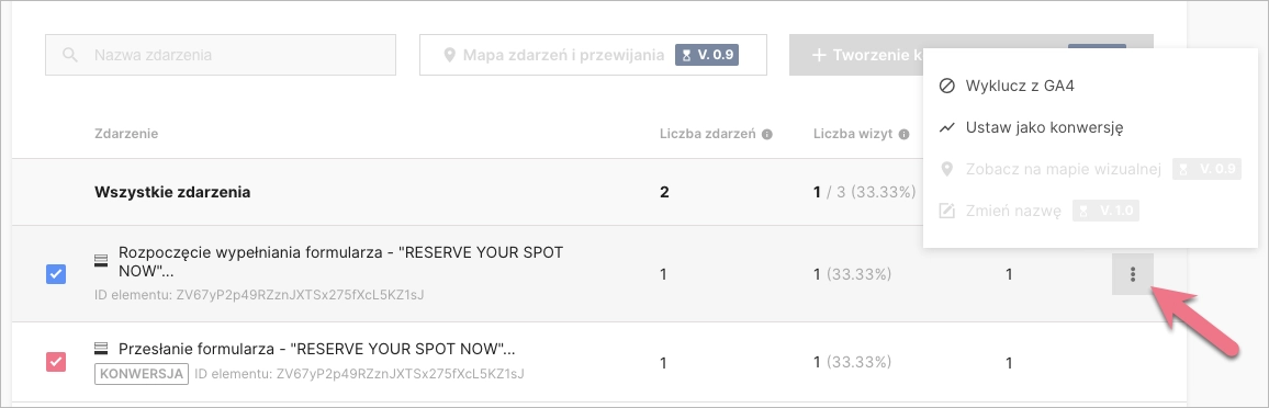 Lista wszystkich zdarzeń w EventTrackerze