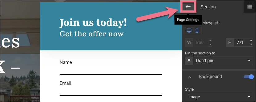 How to open Page Settings in Landingi editor