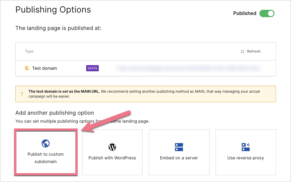 Adding domain to a landing page