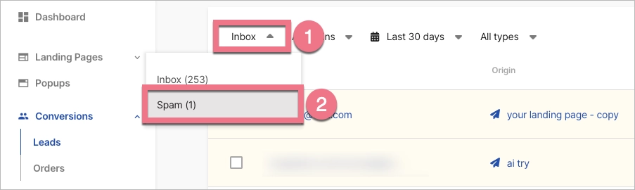 SPAM inbox in Landingi