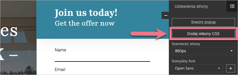 Dodaj kod CSS do landing page'a