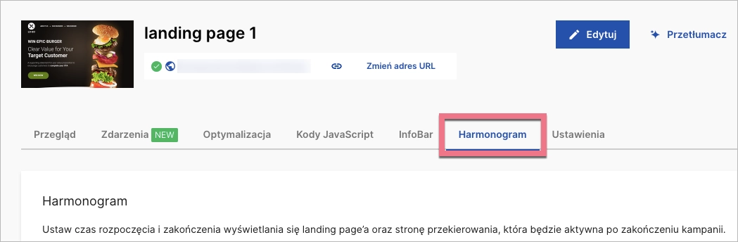 Przejście do zakładki Harmonogram w Landingi