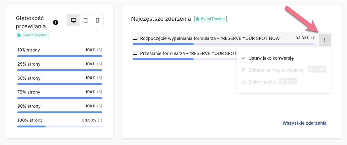 Dane dotyczące głębokości przewijania i najczęstszych zdarzeń w statystykach landing page'a