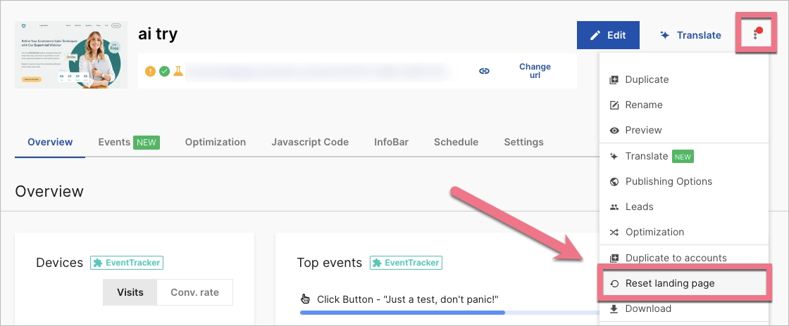 Reset landing page in Landingi