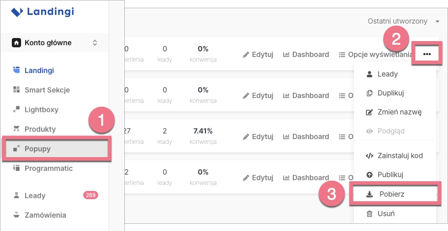 Pobieranie popupu z Landingi