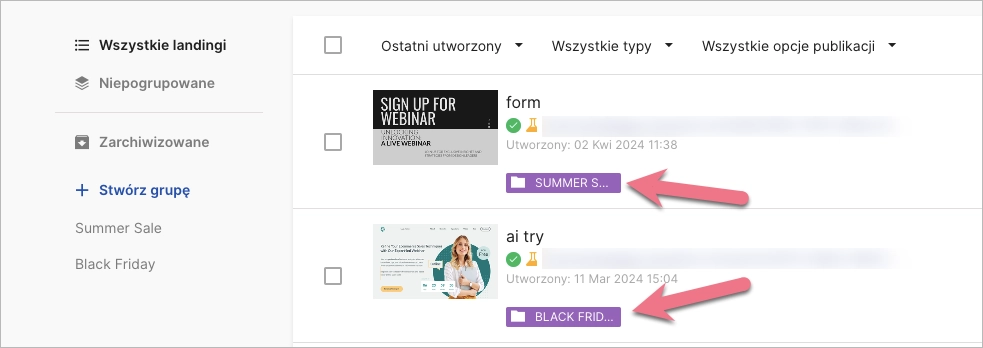 Etykiety z nazwą grupy landing page'y