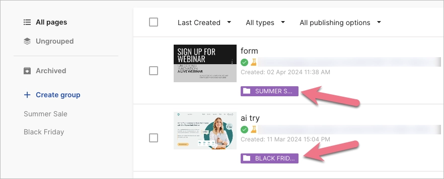 Landing page group labels in Landingi