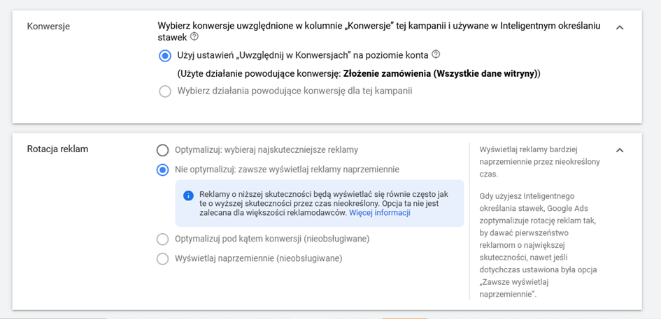 google ads ustawienia konwersji i rotacji reklam