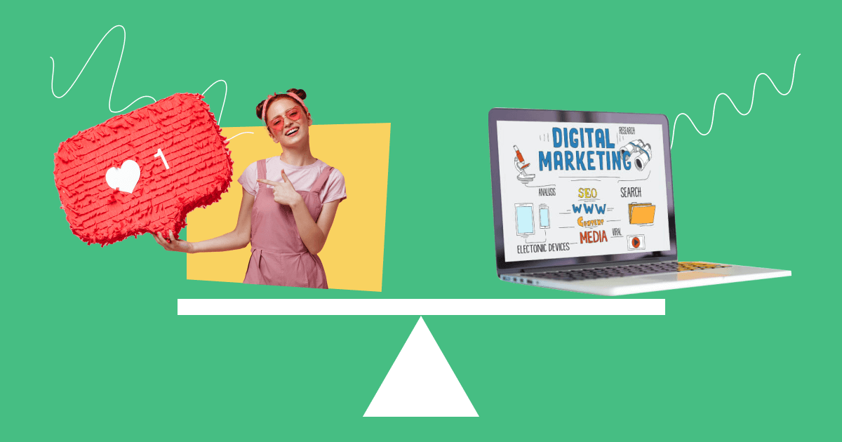 Escala mostrando que o marketing de influência e o marketing digital podem ser igualmente importante