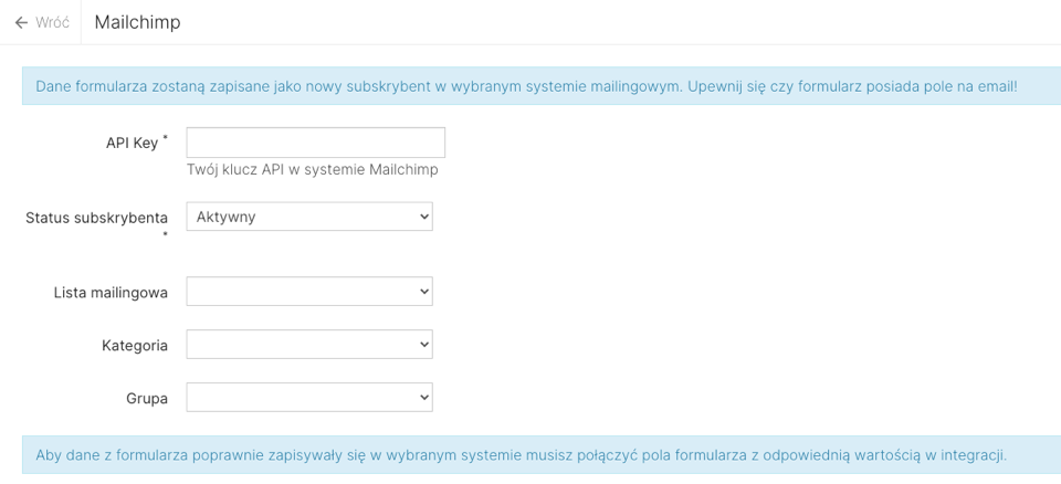 widok integracji z Mailchimpem