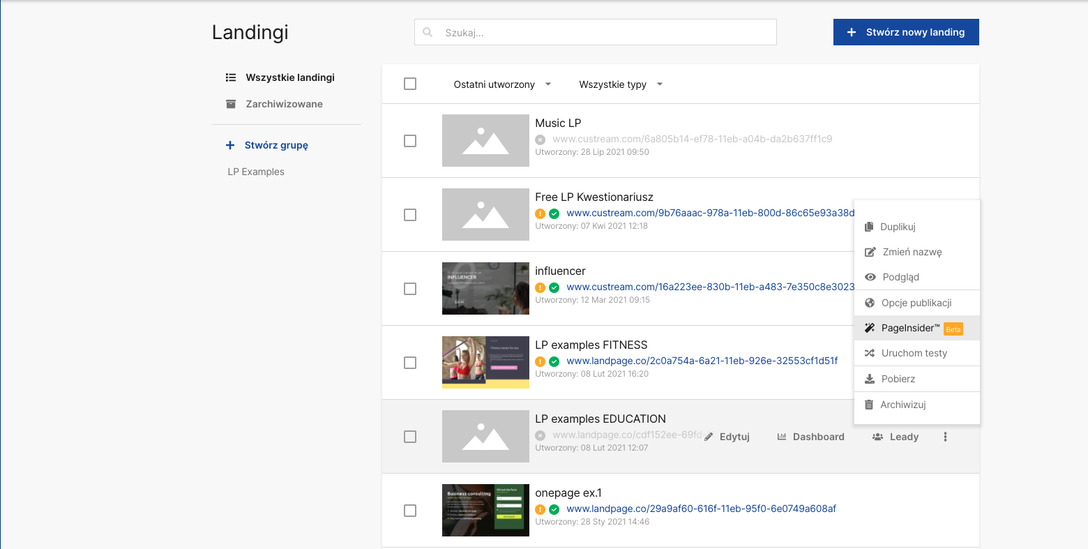 Zrzut ekranu z platformy Landingi