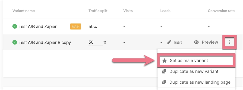 Set landing page variant as a main one for A/B testing