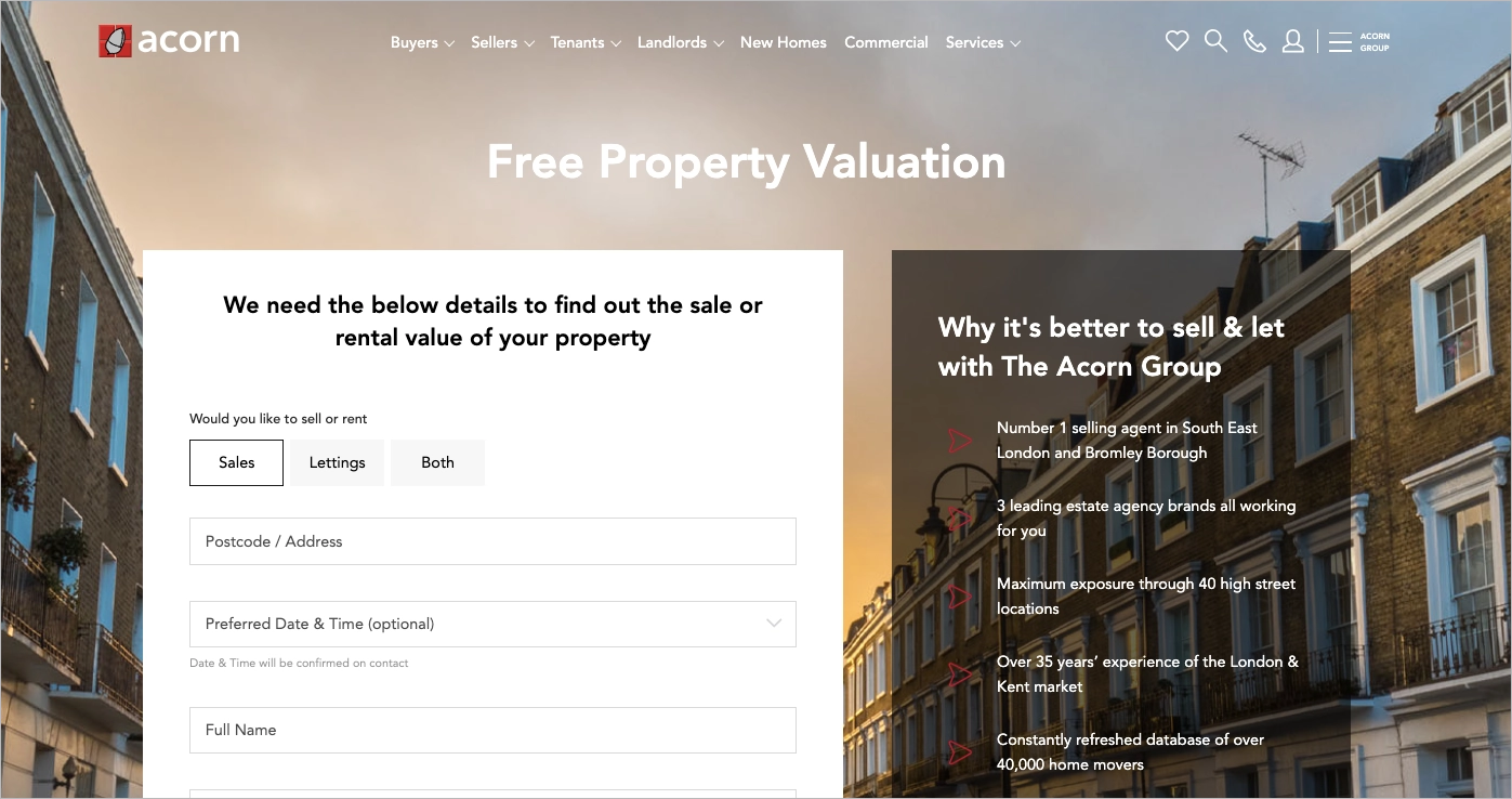 landing page example for property valuation
