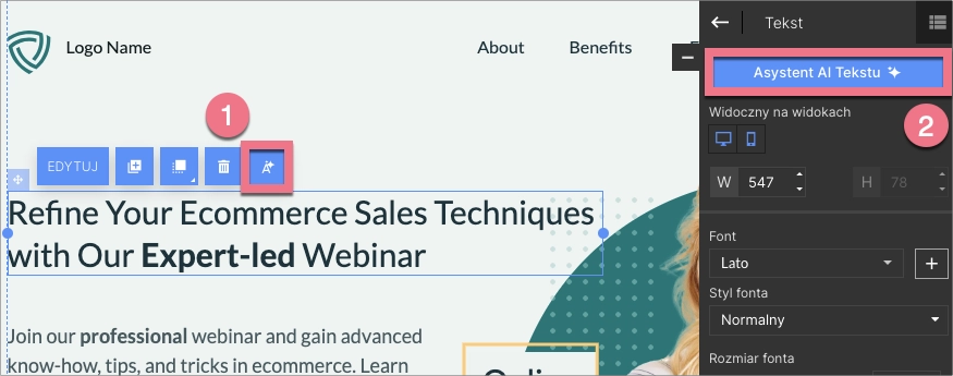 Kliknij przycisk Asystent AI Tekstu w menu podręcznym lub toolbarze po prawej stronie
