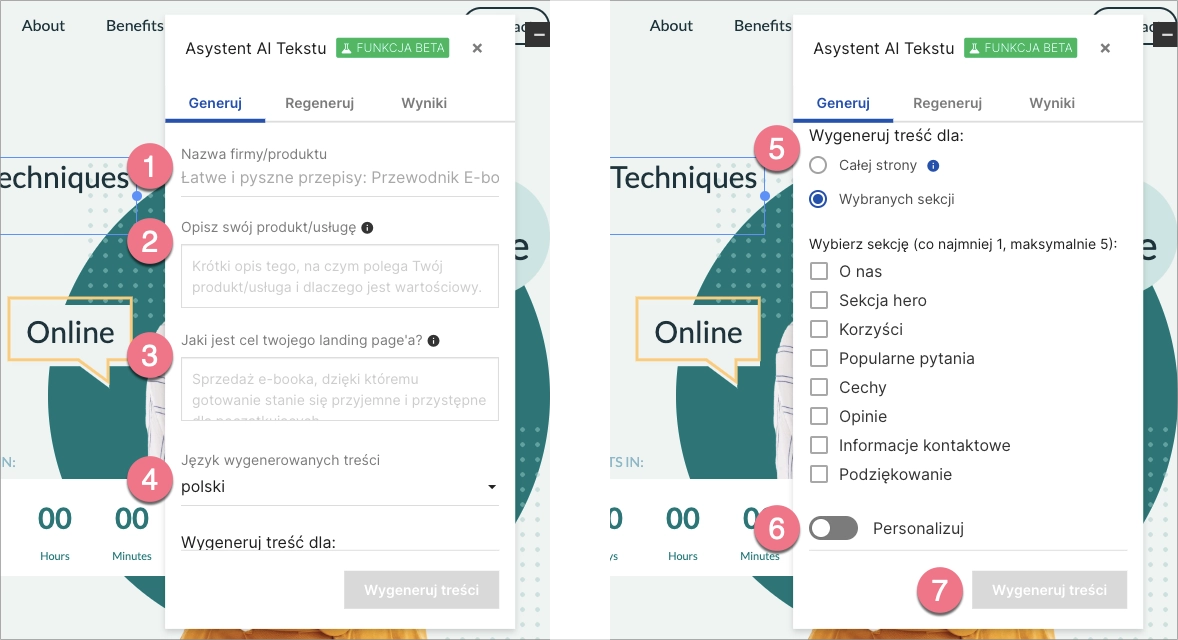 W zakładce Generuj wpisz informacje, na podstawie których AI stworzy dla Ciebie teksty.