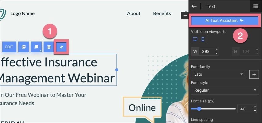 Click the AI Text Assistant button in the context menu or the right-side toolbar