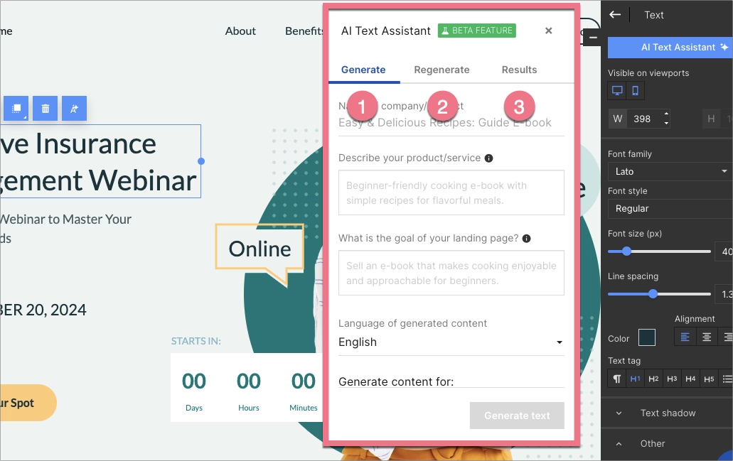 AI Text Assistant window in Landingi editor
