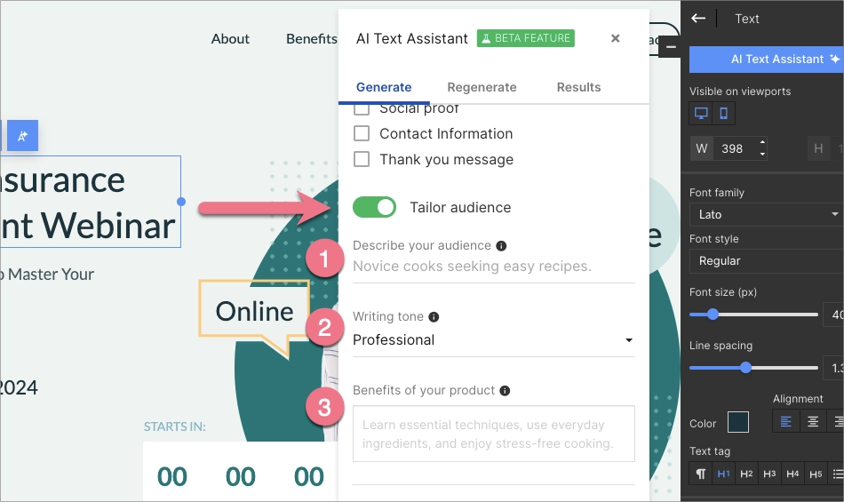 More options for AI Text Assistant in Landingi