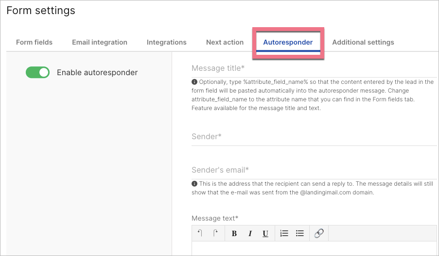 Autoresponder in Form settings in Landingi