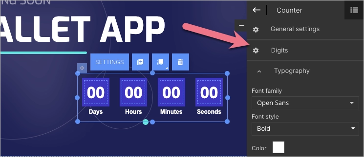 Click on a counter element, such as digits, and you will see editing options for the element