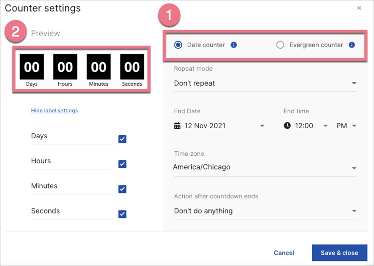 In settings, select the type of counter and configure the countdown