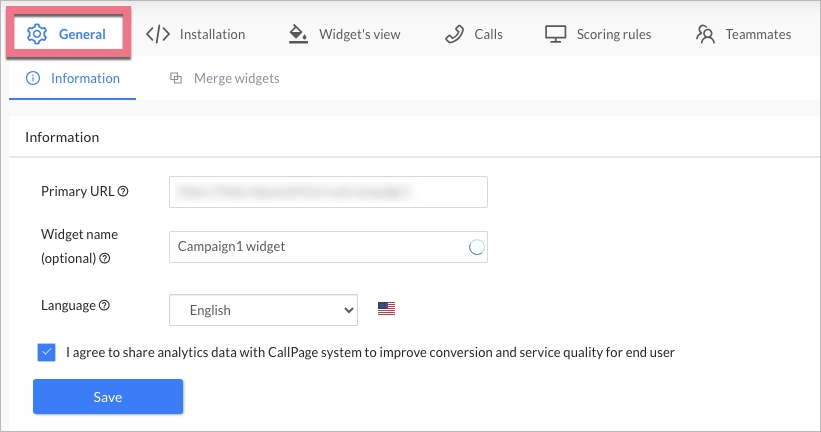 General settings in CallPage