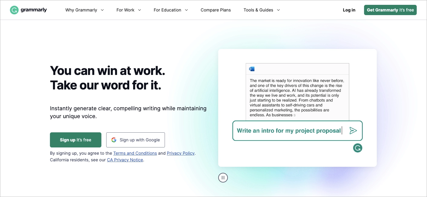 Grammarly - exemplo de copywriting de conversão