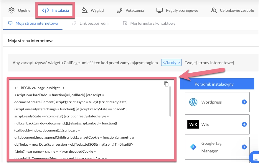 Skopiuj cały kod z zakładki Instalacja
