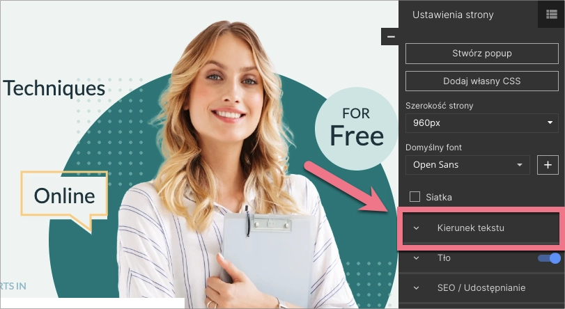 Kierunek tekstu w Ustawieniach strony