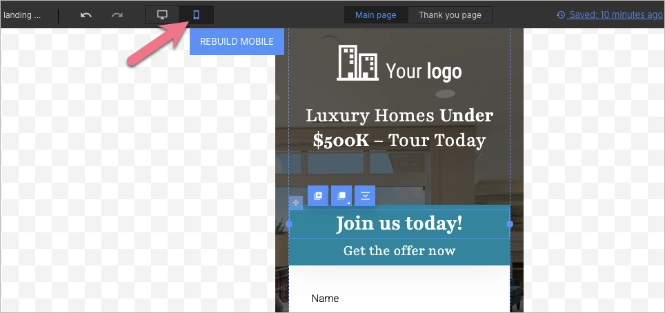Mobile view in Landingi editor