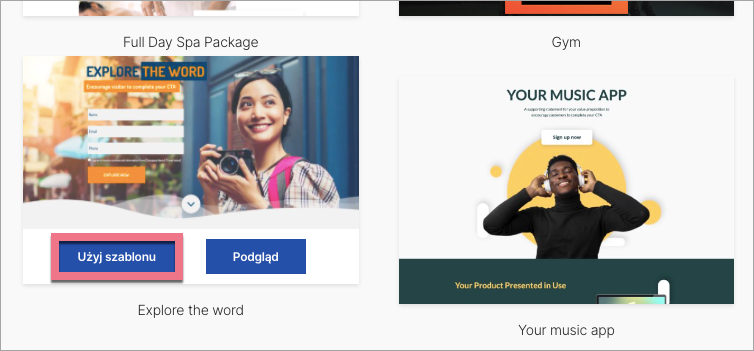 użyj szablonu landingi