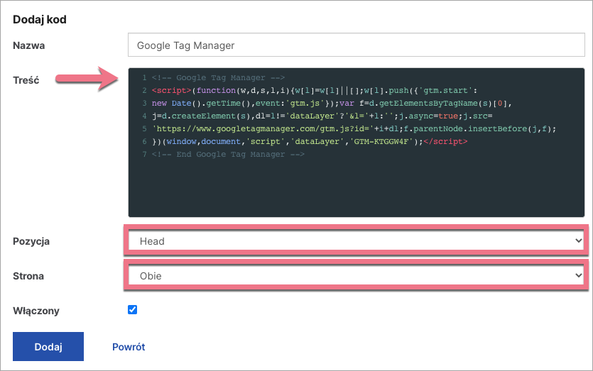 dodaj google tag managera w landingi