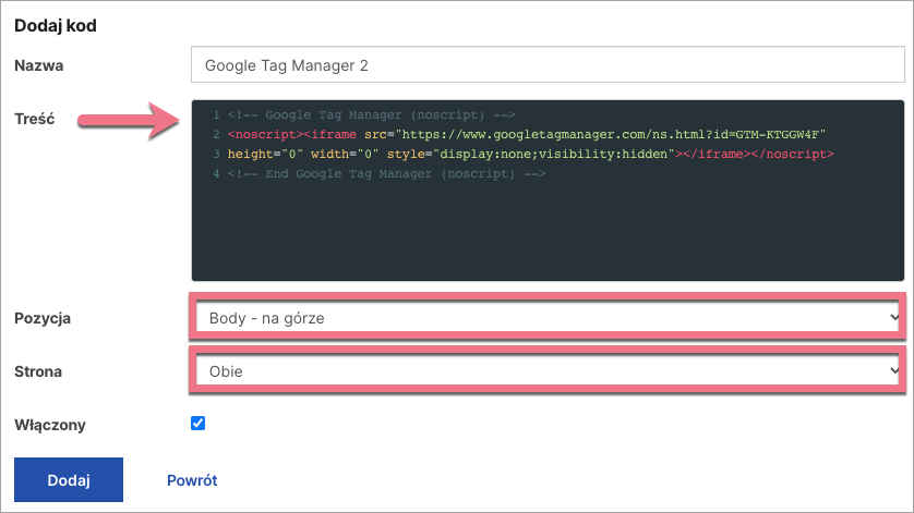 dodaj google tag managera do landing pagea