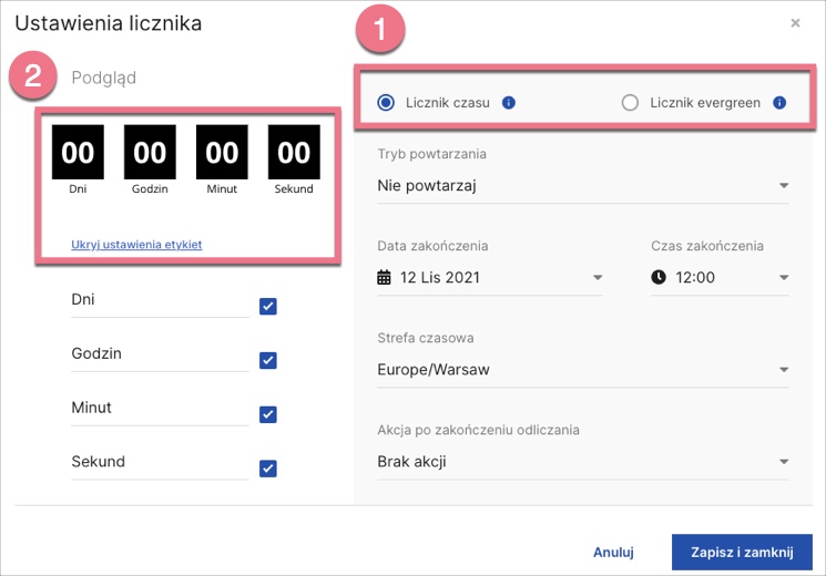 Wybierz rodzaj licznika i skonfiguruj odliczanie.