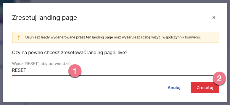 Potwierdzenie resetu landing pagea w Landingi