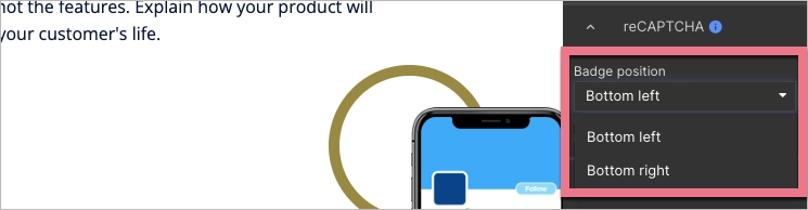 reCAPTCHA badge position in landing page settings