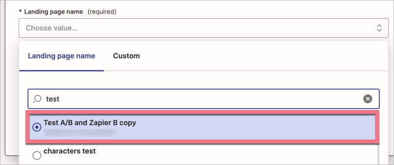 Zap configuration for landing page variant