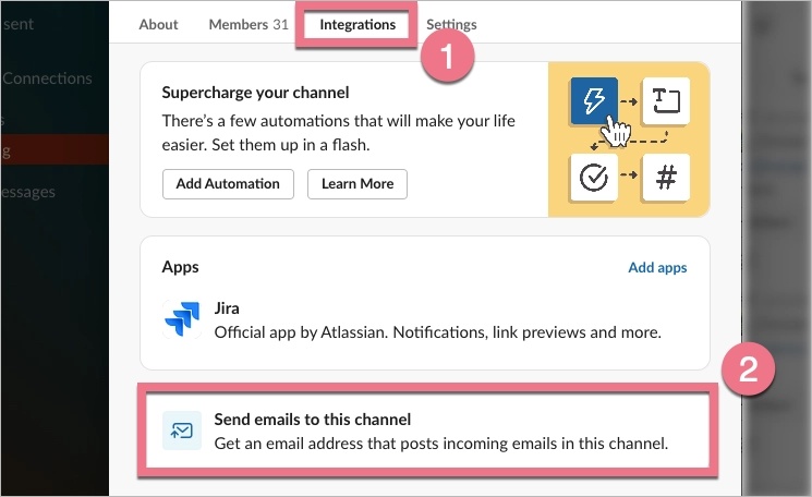 W zakładce Integrations wybierz opcję Send emails to this channel/conversation.