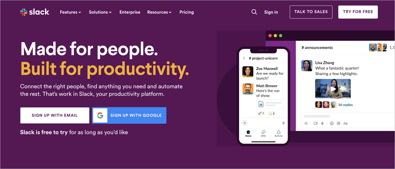 Slack - exemplo de copywriting de conversão