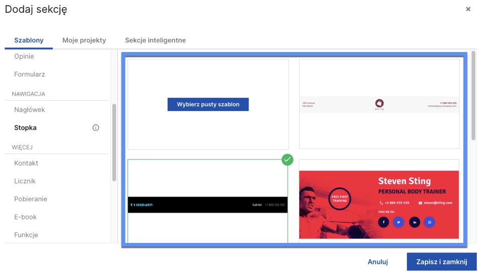 Lista szablonów sekcji w edytorze Landingi