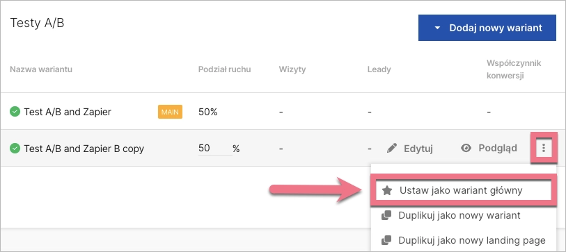 Ustaw wariant landing page'a jako główny do testów A/B