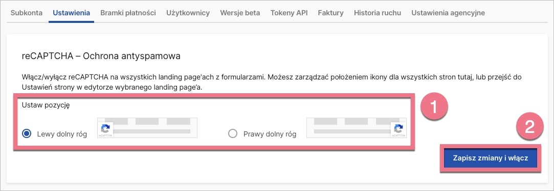 Wybierz pozycję ikony reCAPTCHA i włącz
