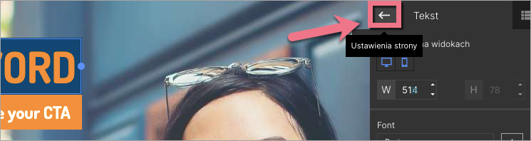 Powrót do ustawień strony w edytorze Landingi