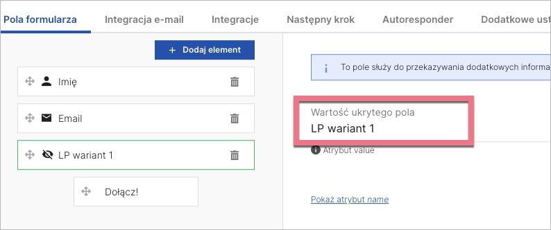 Nadaj wartość dla pola ukrytego